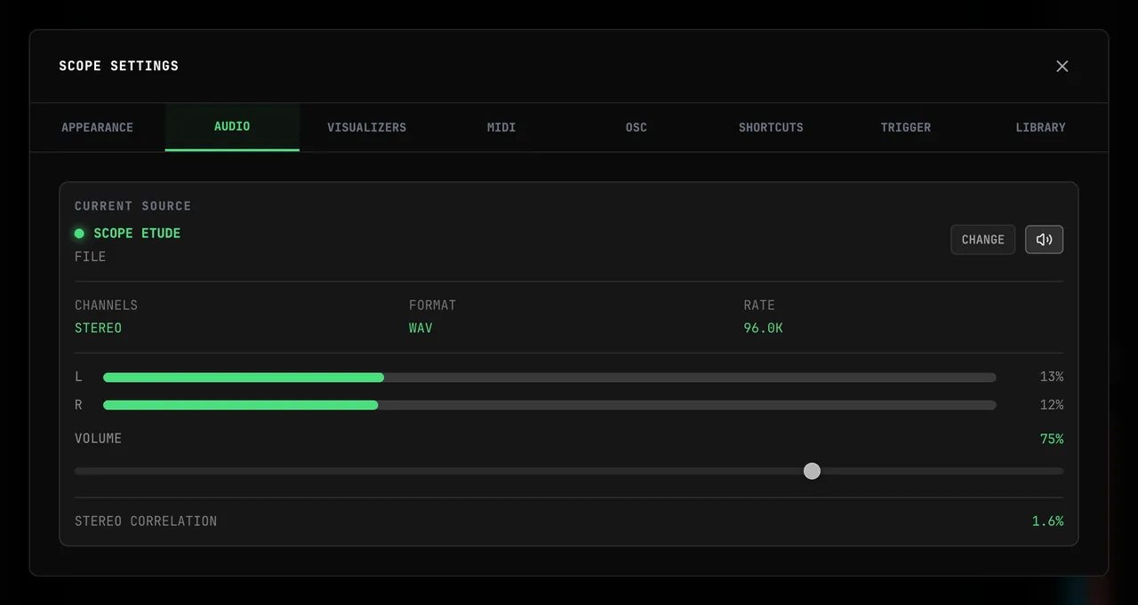 The CURRENT SOURCE card in SCOPE SETTINGS → AUDIO: dragging VOLUME from 100% down to 30% and up to 75%, then clicking the mute button next to CHANGE and clicking it again to unmute