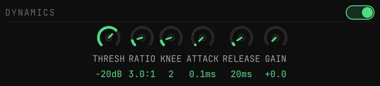 The DYNAMICS panel switched on: THRESH -20dB, RATIO 3.0:1, KNEE 2, ATTACK 0.1ms, RELEASE 20ms and GAIN +0.0 knobs