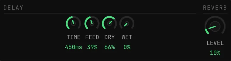 The DELAY panel with TIME 450ms, FEED 39%, DRY 66% and WET 0% knobs, and the REVERB LEVEL knob at 10% beside it