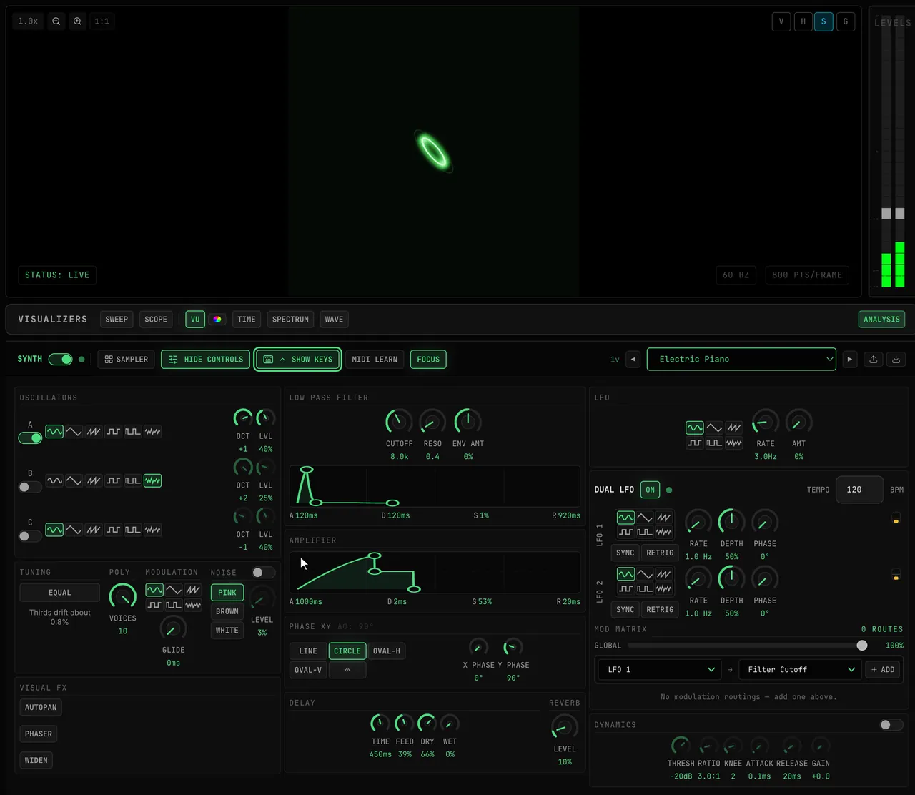 The AMPLIFIER envelope editor: dragging the attack handle to the right reshapes the curve to A 1000ms, then a held note swells in slowly on the scope; dragging it back restores the instant attack