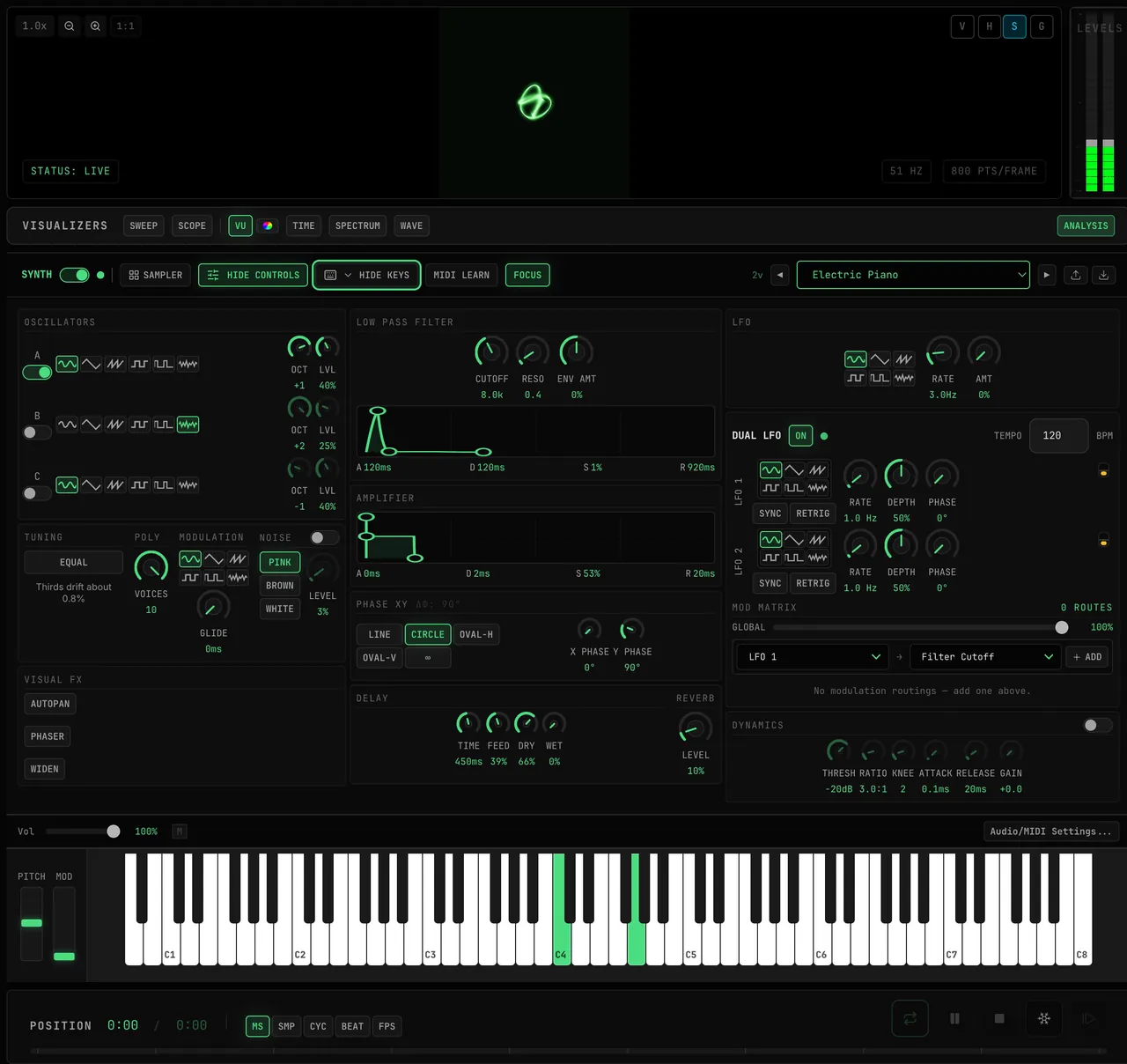 SHOW KEYS brings the on-screen piano back under the rack with a chord lit on it; HIDE KEYS tucks it away again and the XY display grows, the chord still sounding