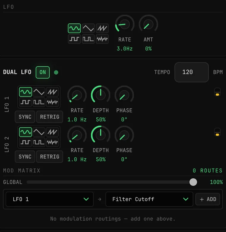 The LFO column of the rack: the preset LFO panel with its waveform buttons, RATE and AMT knobs, and the DUAL LFO block with LFO 1 and LFO 2 below it