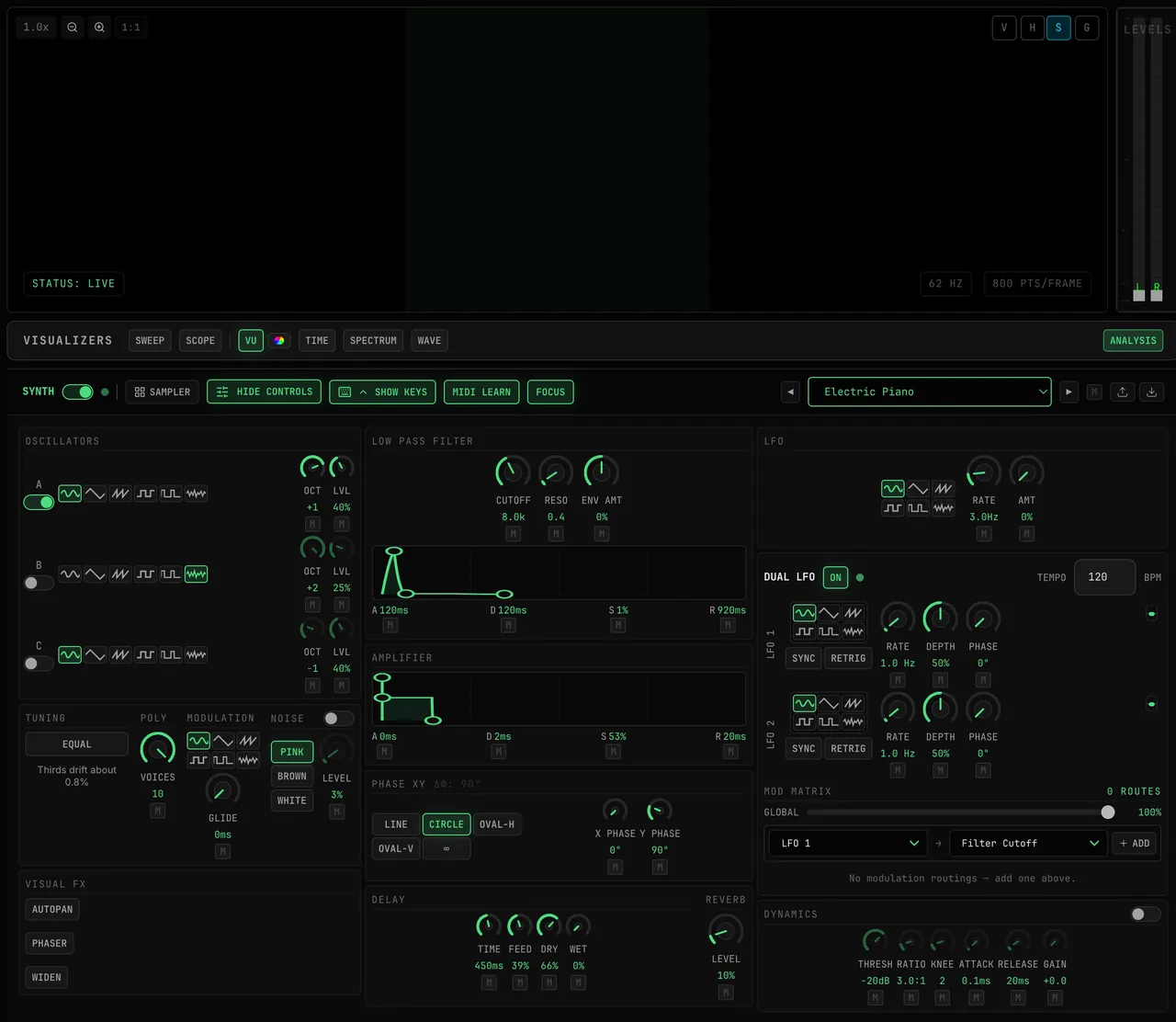 Clicking MIDI LEARN in the synth bar: a small M badge appears under every mappable knob and envelope readout across the rack; clicking it again hides them
