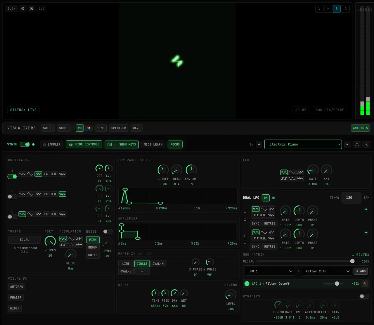 MOD MATRIX with LFO 1 chosen as source and Filter Cutoff as destination, ADD pressed: the route appears as LFO 1 → Filter Cutoff +50% and the sawtooth figure on the scope breathes with the LFO