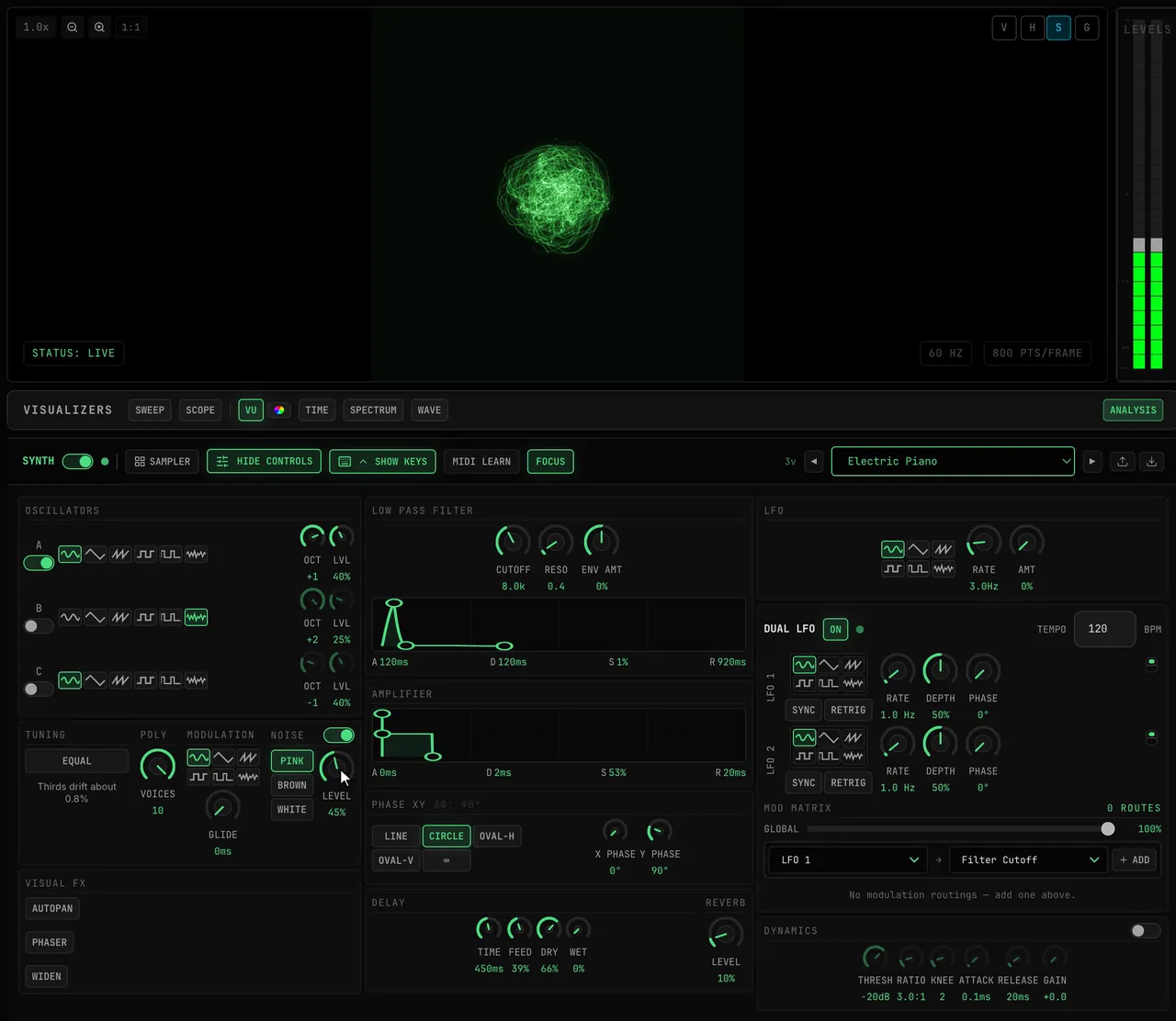 The NOISE panel switched on with a chord held: LEVEL raised from 3% to 45% fuzzes the figure on the scope, WHITE selected, then LEVEL brought back down