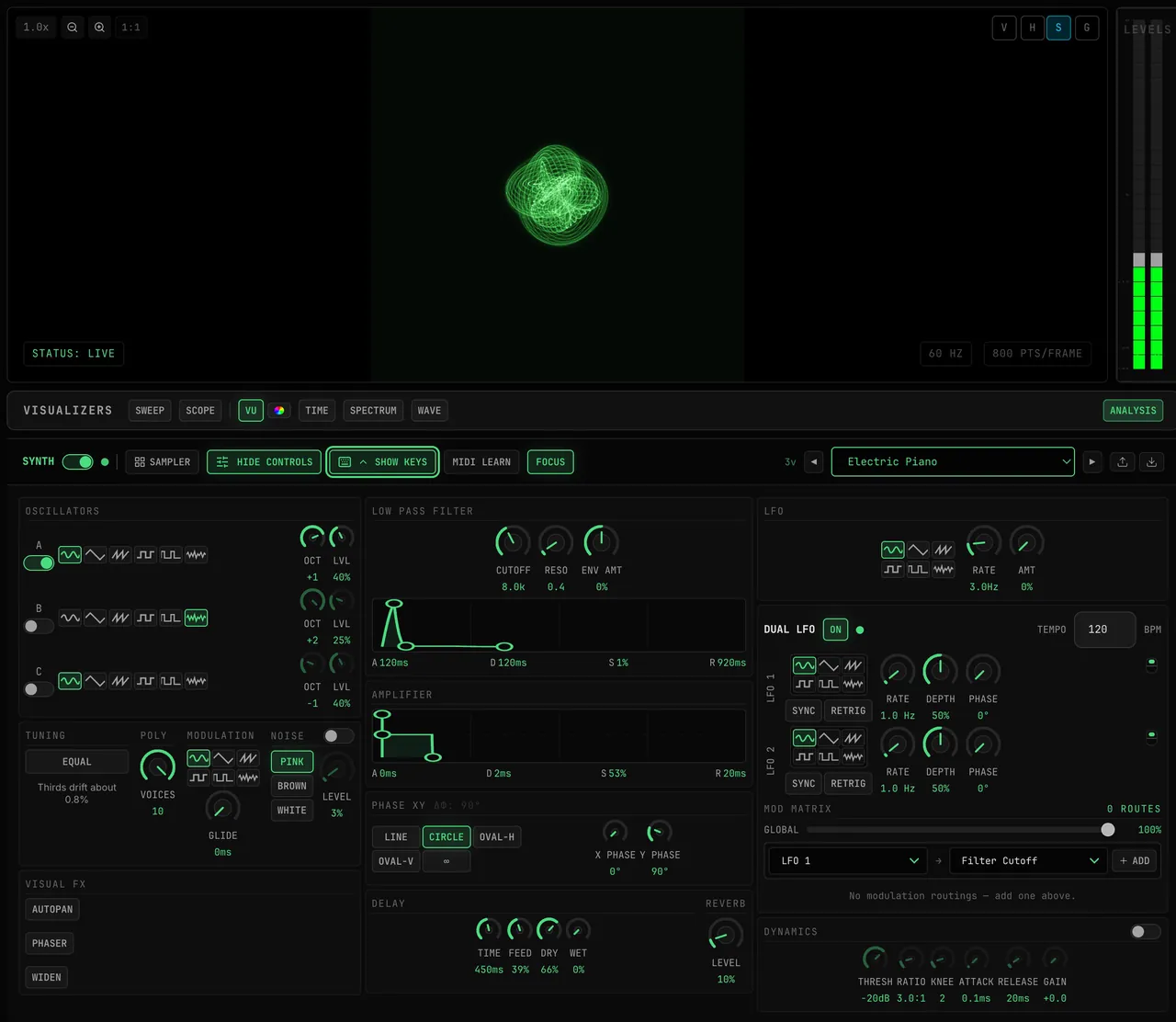 The Performance-mode synth rack with the XY display above it and the on-screen keys hidden: a C-major chord held on the Electric Piano preset draws its figure on the scope