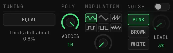 The TUNING, POLY, MODULATION and NOISE panels in one row: EQUAL, VOICES 10, GLIDE 0ms, the mod-wheel waveform buttons, and the noise type buttons with LEVEL
