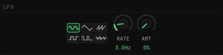 The LFO panel: six waveform buttons with sine selected, a RATE knob at 3.0Hz and an AMT knob at 0%