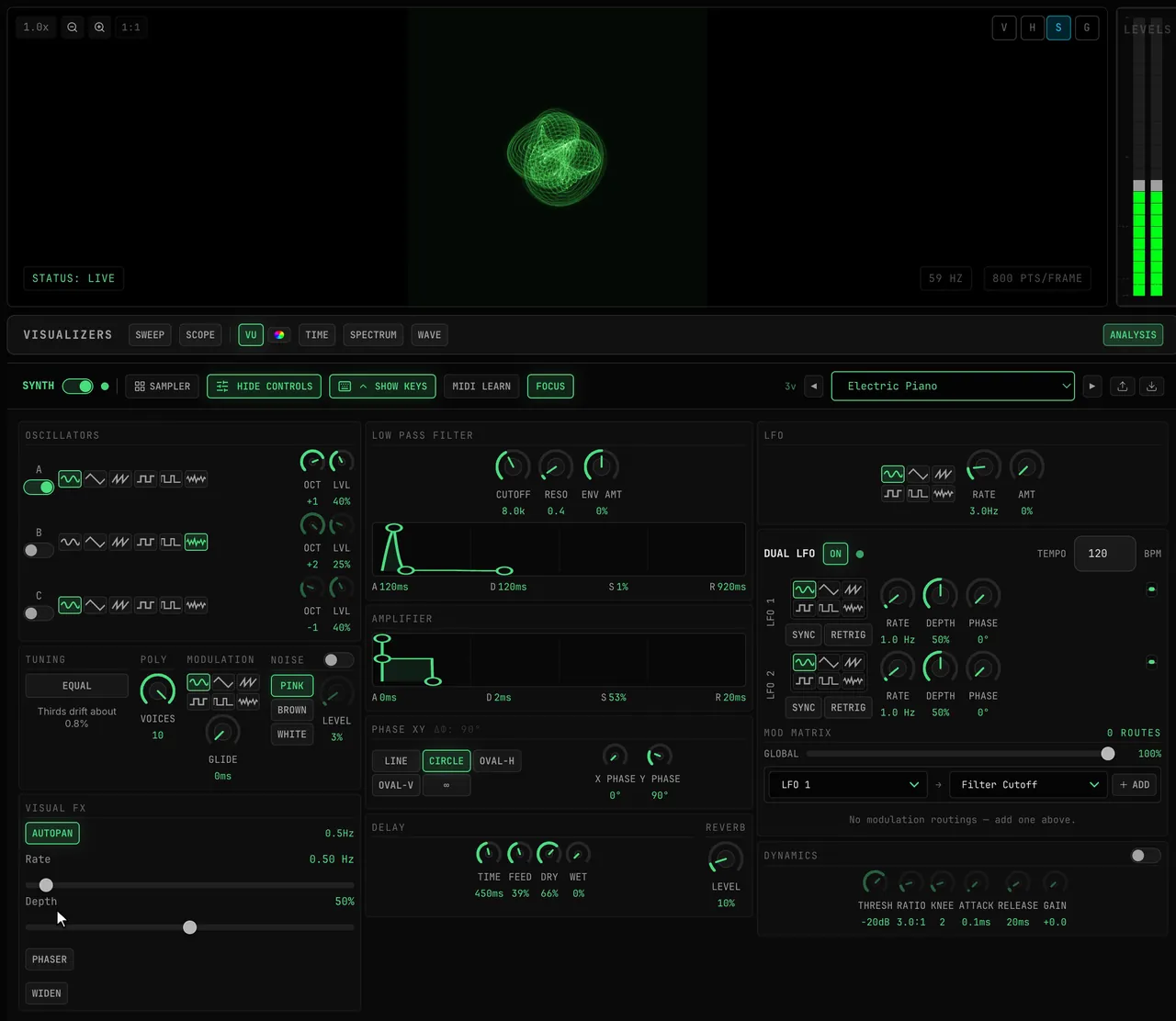 The VISUAL FX panel with a chord held: AUTOPAN switched on reveals its Rate and Depth sliders and the figure starts orbiting on the scope, then PHASER and WIDEN are switched on in turn