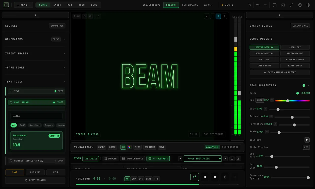 FONT LIBRARY filtered to Bebas with Bebas Neue selected and BEAM on the scope