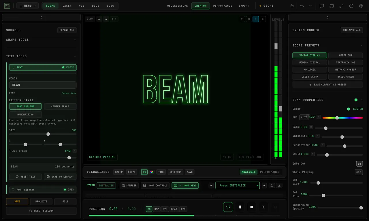 OSC-1 Creator with TEXT TOOLS open and BEAM drawn in green on the scope