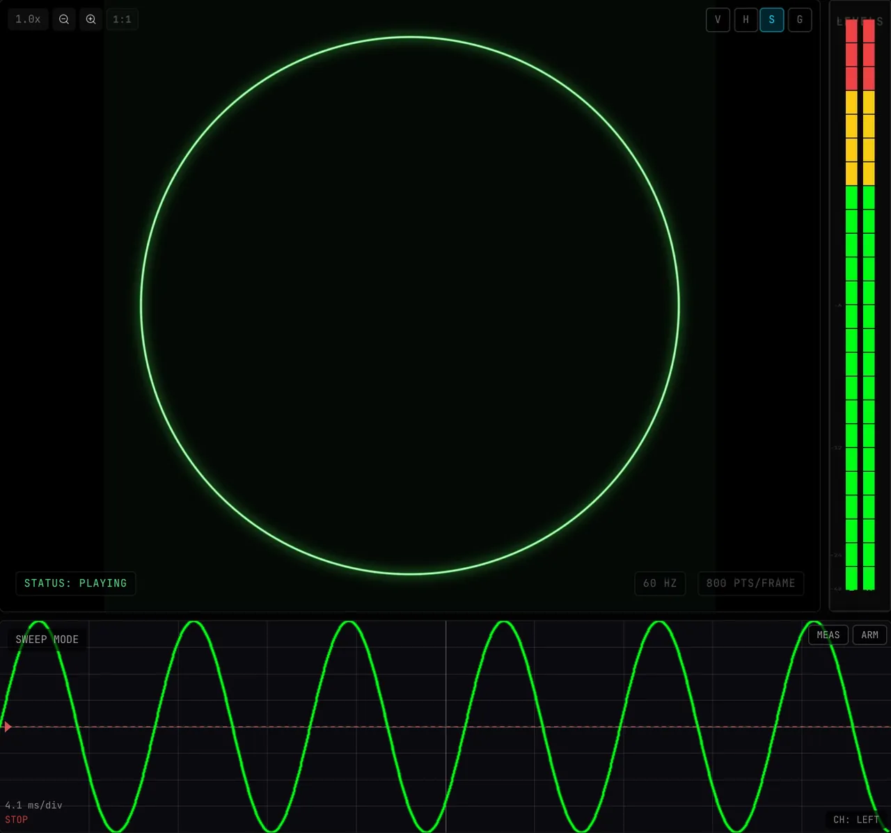 Advanced Trigger opened in Settings → VISUALIZERS → XY SWEEP and set to SINGLE: the SWEEP display holds its last sine and reads STOP with an ARM button. The oscillator’s X channel is switched off, ARM is pressed and reads ARMED, and when X comes back the sweep captures one trace and reads STOP again