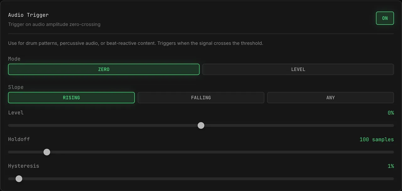 The Audio Trigger block in Settings → TRIGGER switched ON: Mode ZERO / LEVEL, Slope RISING / FALLING / ANY, and the Level 0%, Holdoff 100 samples and Hysteresis sliders