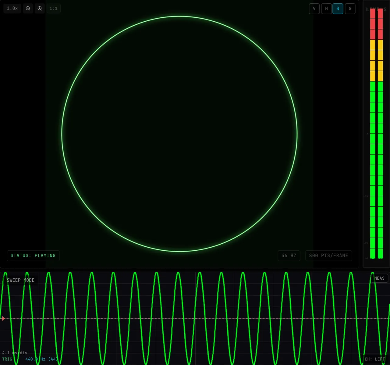 A 440 Hz tone in CUSTOM mode: with the A4 preset the SWEEP trace holds still; pressing the 100 preset makes it drift, and A4 locks it again