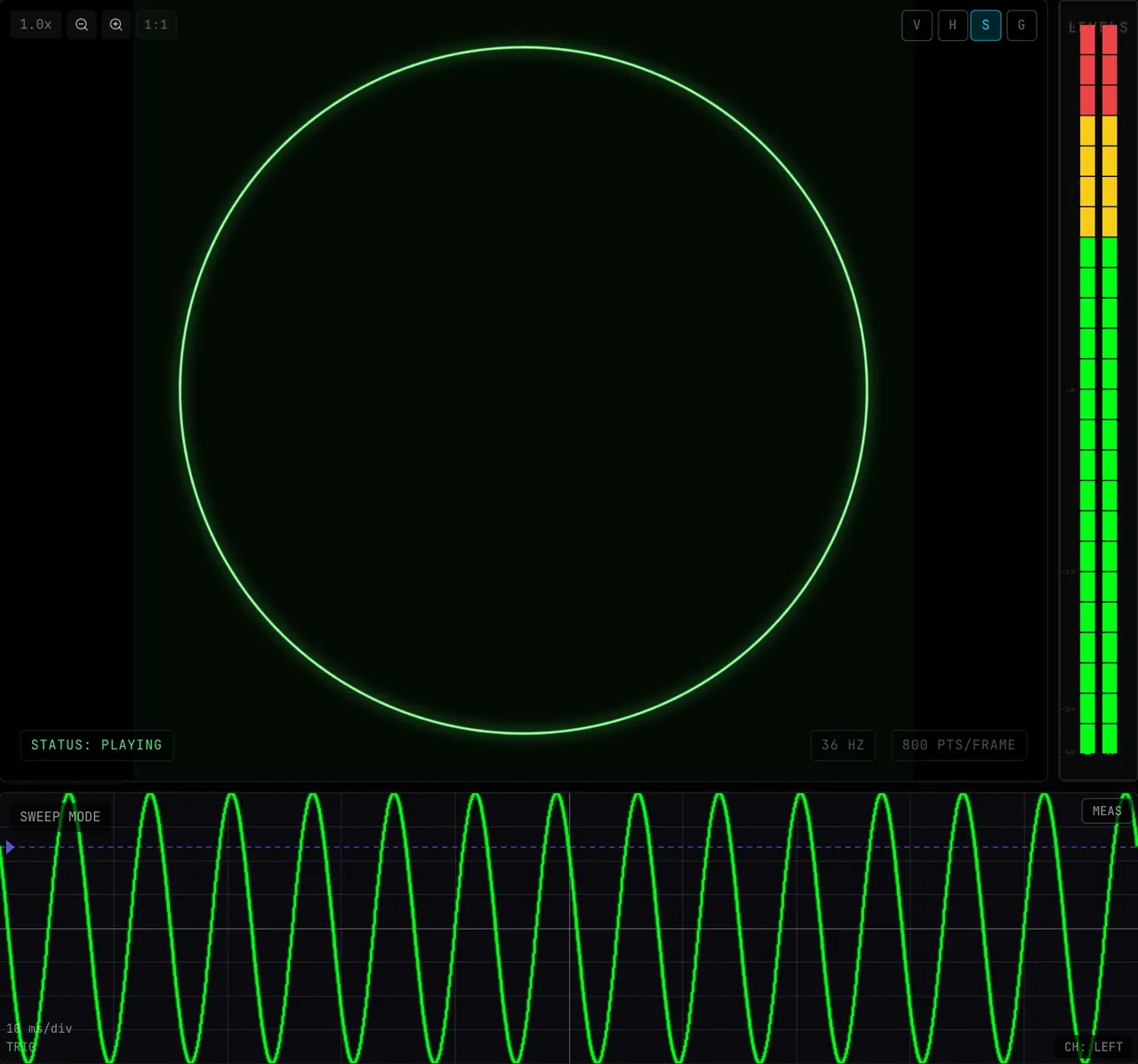 The SWEEP display locked on a 140 Hz sine. Choosing FALLING in Settings → VISUALIZERS → XY SWEEP starts the trace on the downward crossing instead of the upward one, then raising Trigger Level to +60% starts it higher up the slope