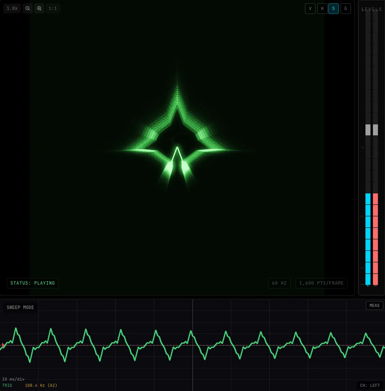 The Scope Etude demo track drawing on the XY display with the SWEEP display below. In LEVEL mode the waveform swims; after choosing SPECTRAL in Settings → VISUALIZERS → XY SWEEP it steadies and the lower-left readout shows the detected pitch, for example TRIG 147.5 Hz (D3)