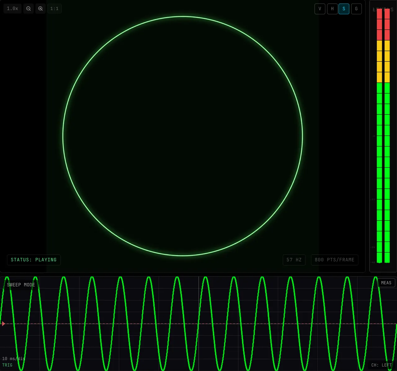 A 140 Hz circle on the XY display with the SWEEP display below it; scrolling the mouse wheel over SWEEP zooms the timebase in and out while the lower-left readout changes, for example to 4.1 ms/div