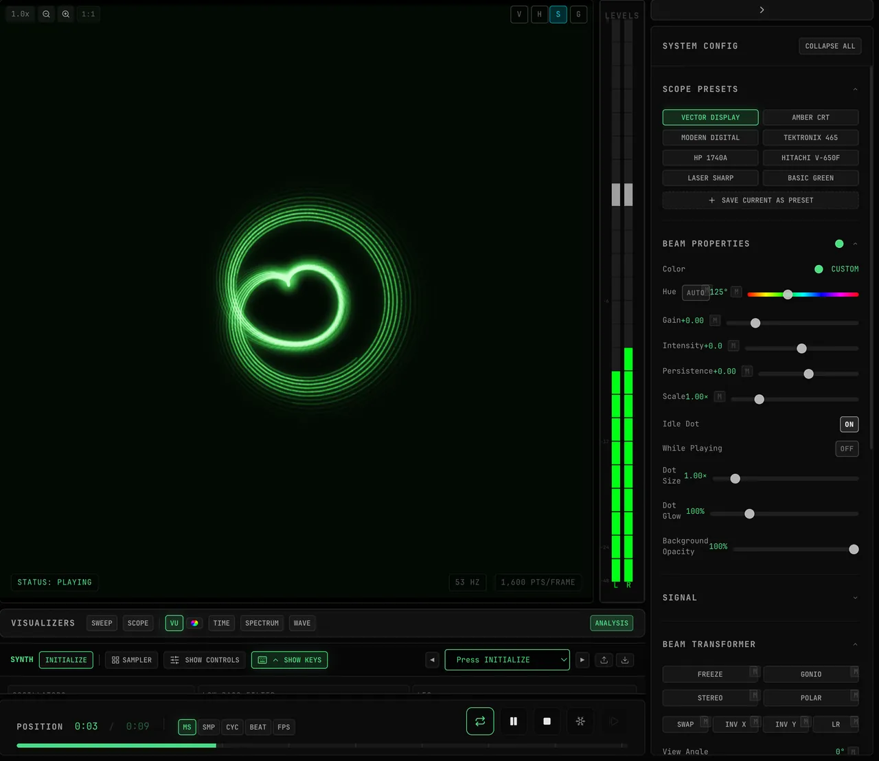 The Scope Etude demo playing beside the BEAM TRANSFORMER widget in Creator mode: FREEZE holds the drawing still and reads FROZEN while the VU meter keeps moving, then GONIO rotates the figure 45° into the goniometer view and back