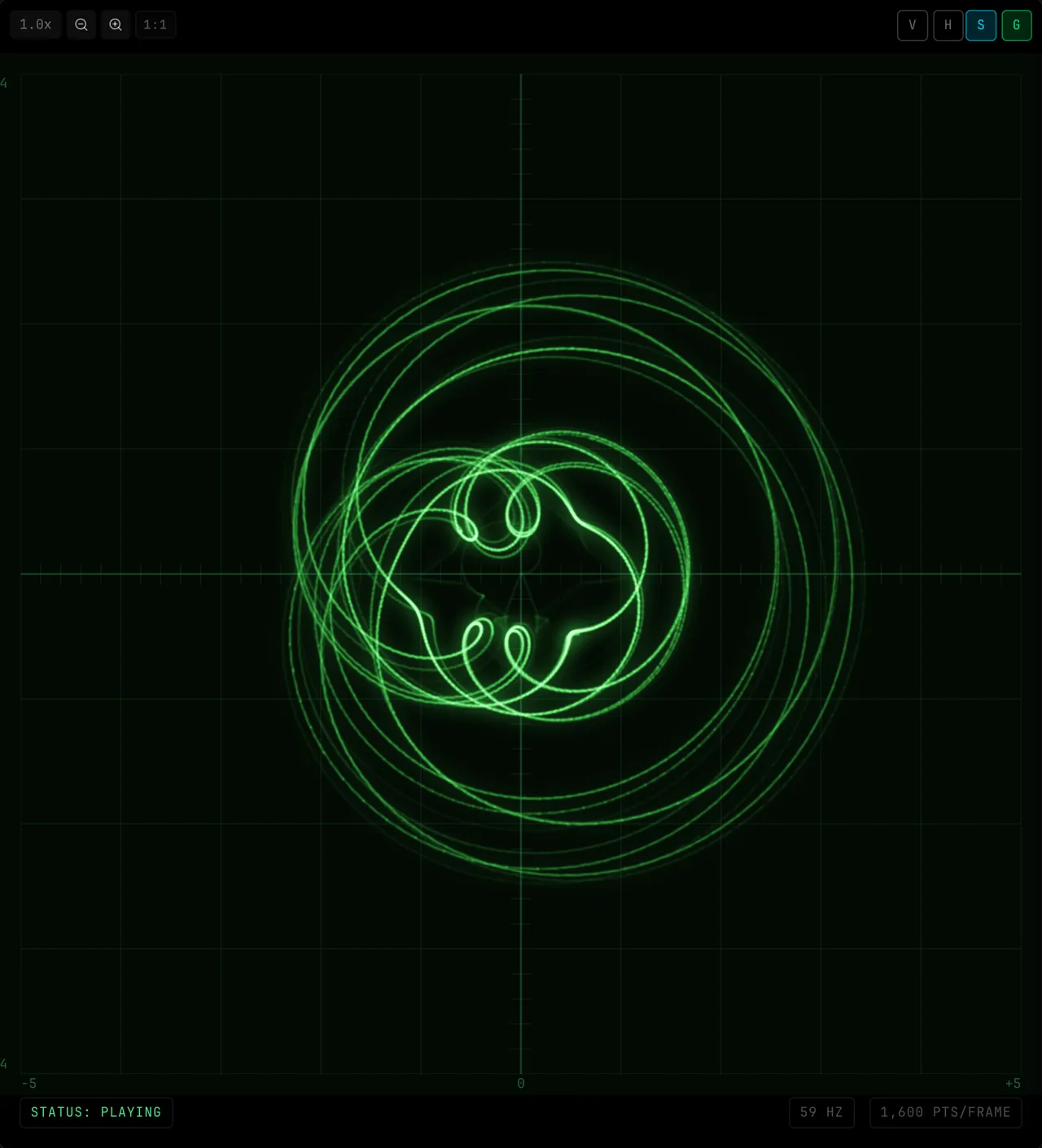 Right-clicking the XY display while the demo plays opens the menu — Reset View, Undo Last Edit, Show Graticule, Hide Cursors, Freeze Display, Export Frame (PNG), Export Frame (Print), Export Frame (ILDA), Copy to Clipboard; clicking Show Graticule draws the green grid over the trace, and the next right-click offers Hide Graticule