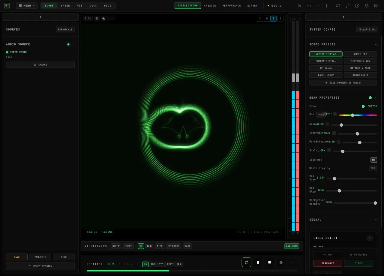The OSC-1 header’s OSCILLOSCOPE, CREATOR and PERFORMANCE buttons clicked in turn while the Scope Etude demo plays: Creator adds the Generators, Import Shapes and Shape Tools sections and the synth bar; Performance adds the Performance section; Oscilloscope returns to the plain layout