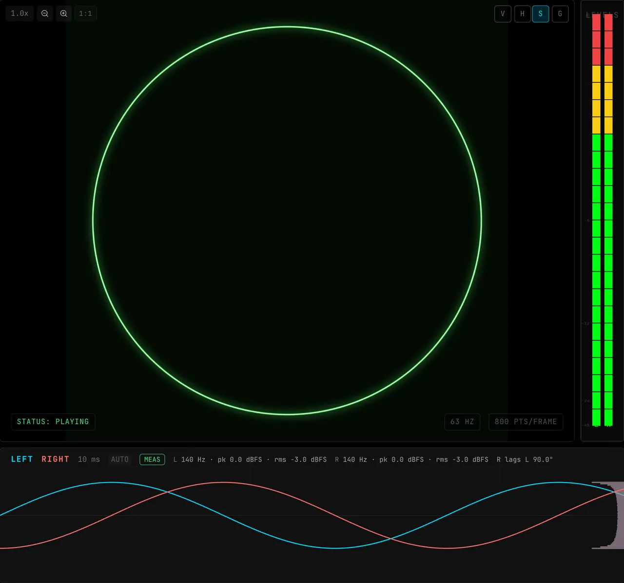 Scrolling the mouse wheel over the SCOPE panel: the window readout beside LEFT / RIGHT grows from 10 ms to tens of milliseconds and more cycles fit, then shrinks again as the wheel goes the other way