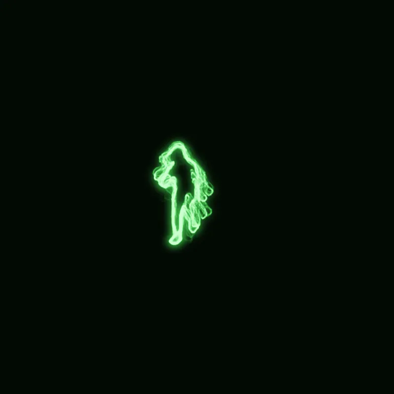 The scope drawing the same dancing figure with BEAMWALK on: one continuous, flickering trace that walks along the edges instead of separate outline paths