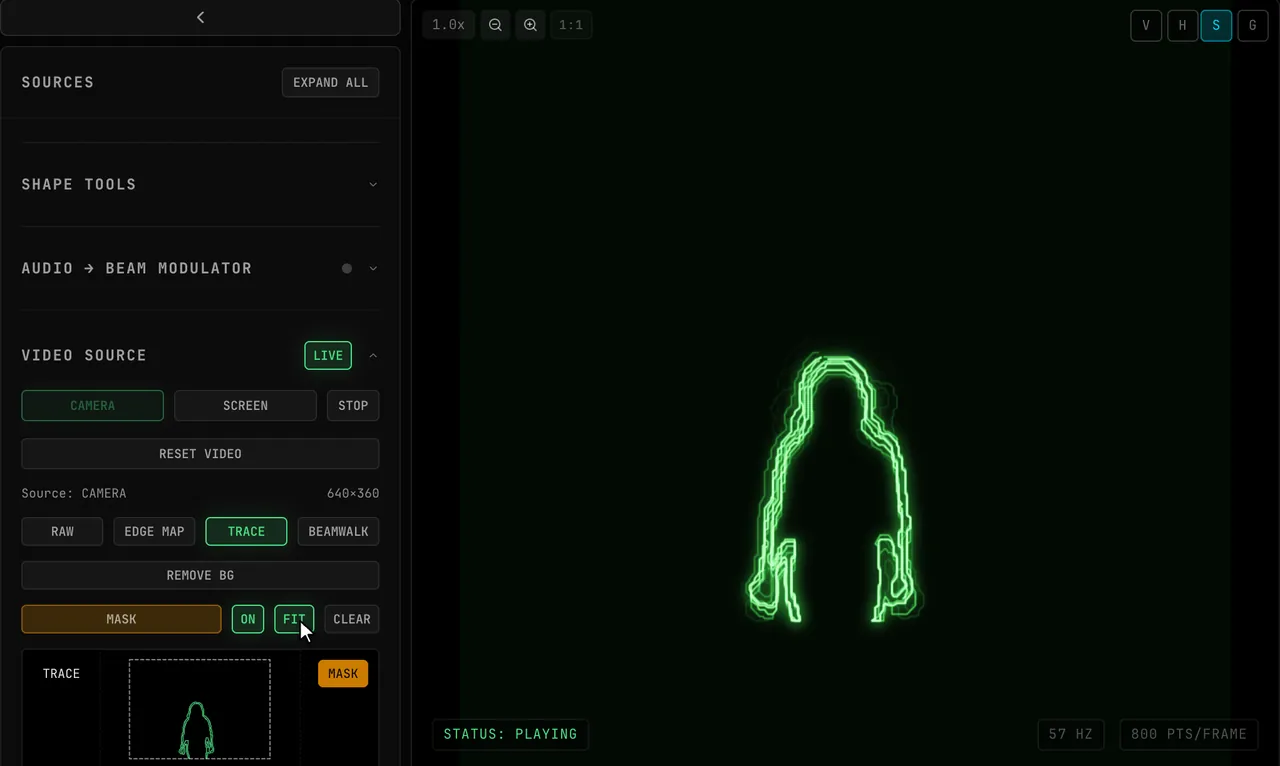 MASK is clicked, a rectangle is dragged around the dancer's upper body on the preview and confirmed, then FIT zooms the scope so the masked region fills the canvas