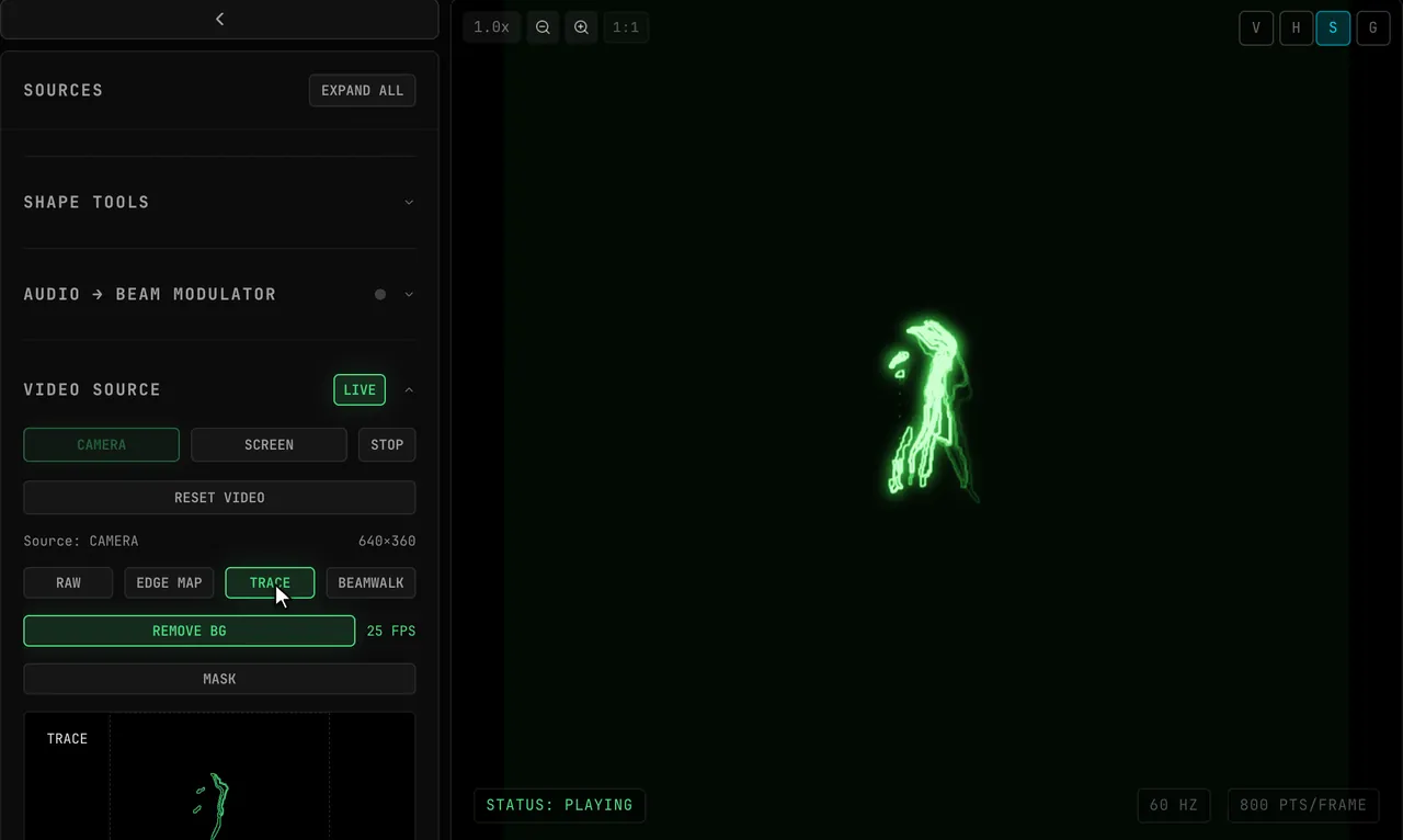 The RAW preview shows a dancer against a bright blue background; REMOVE BG is clicked and the background drops to black, leaving only the figure, then TRACE shows the cleaner outline on the scope
