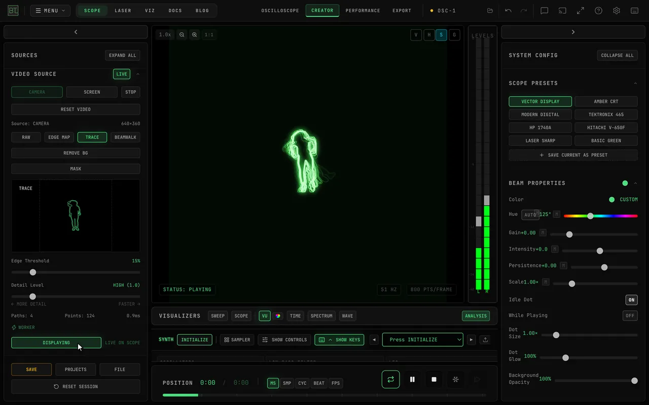 OSC-1 in Creator mode: CAMERA is clicked in the VIDEO SOURCE panel, the preview appears with Source: CAMERA, Edge Threshold is dragged, then DISPLAY is clicked and the traced figure appears on the scope