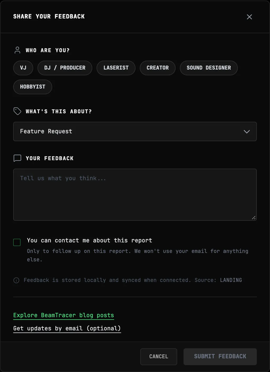 BeamTracer feedback form with persona, category, message, and optional contact permission