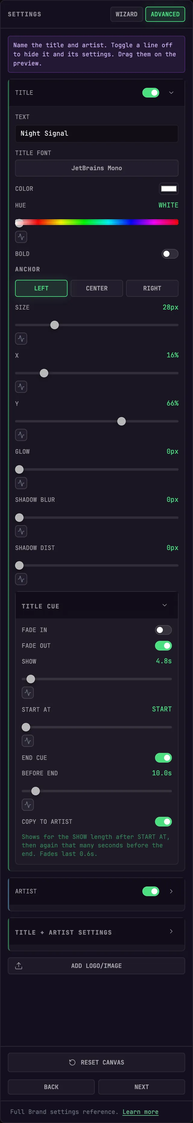 Title and artist controls