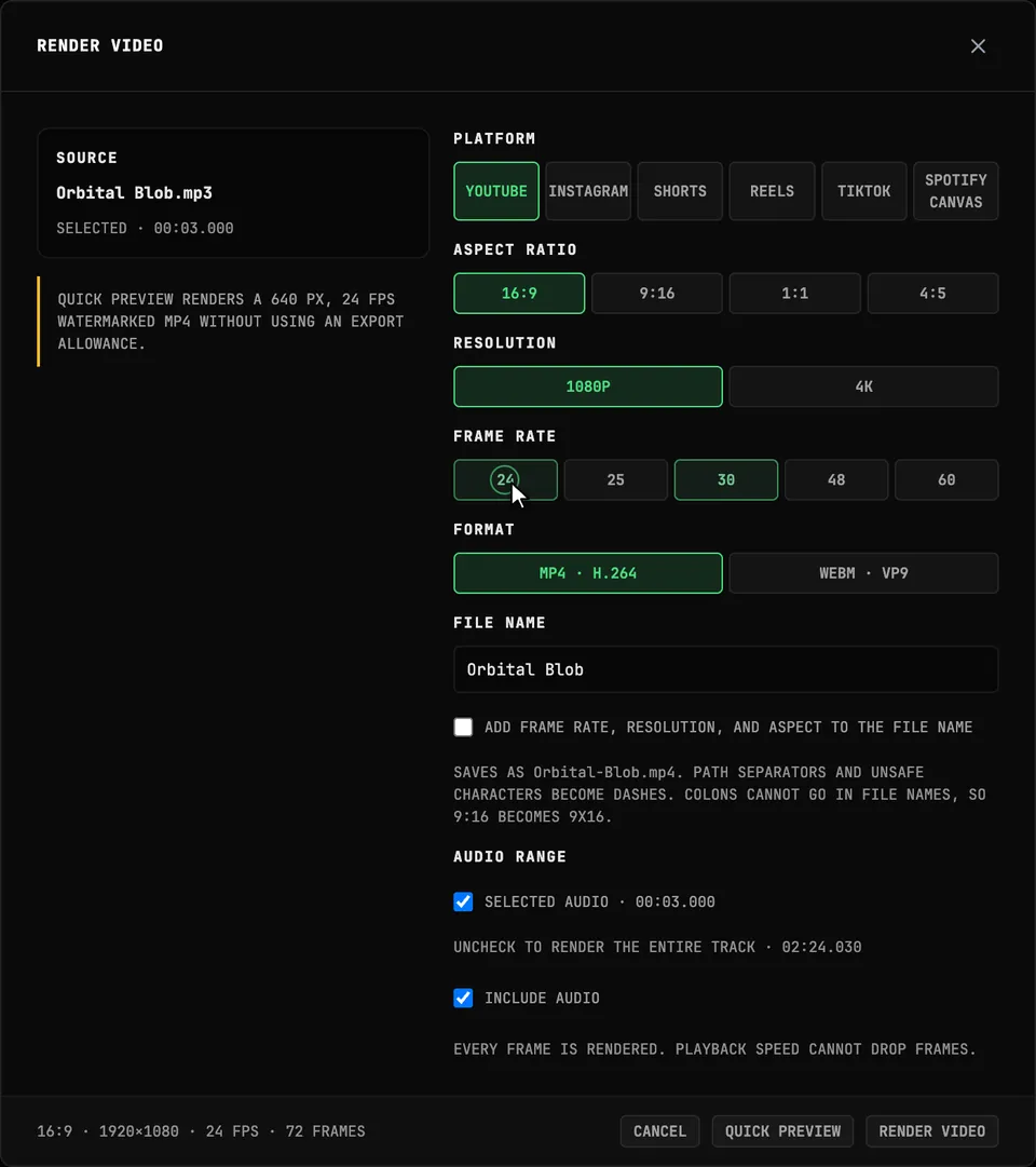 The RENDER VIDEO dialog with platform, aspect, resolution, frame rate, format, and file name