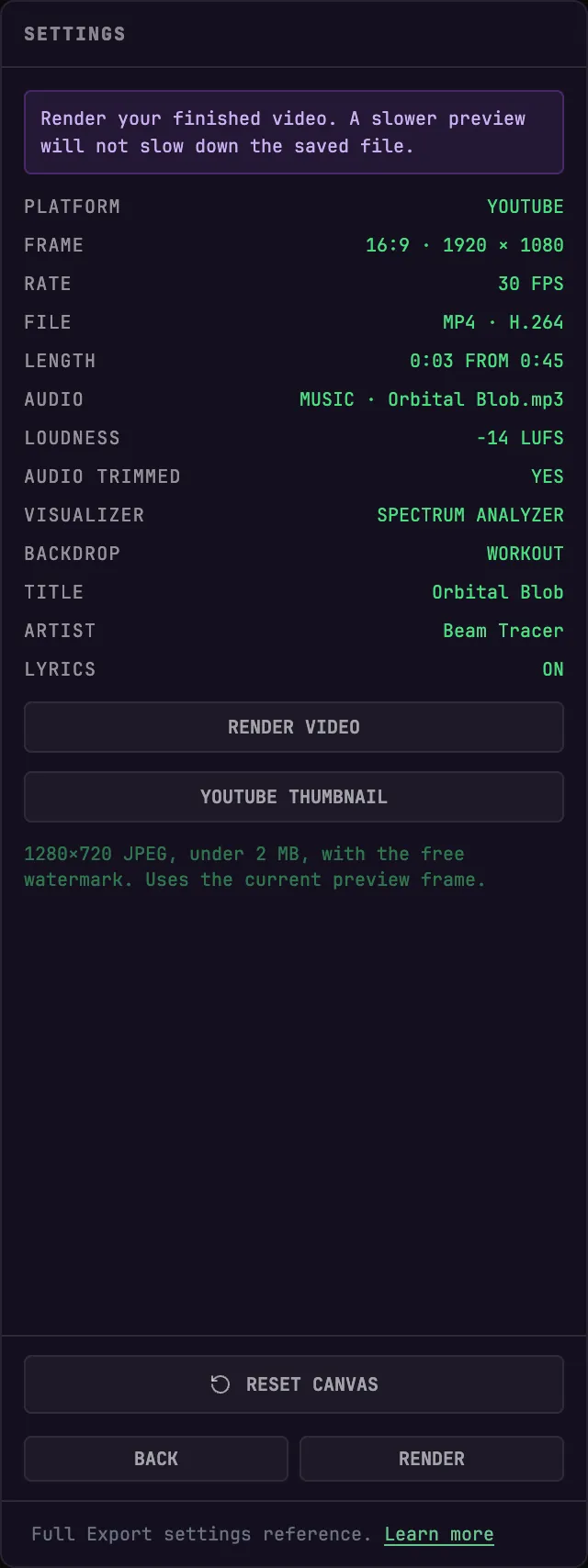 The export summary — platform, frame, rate, file, length, audio, loudness, and every layer