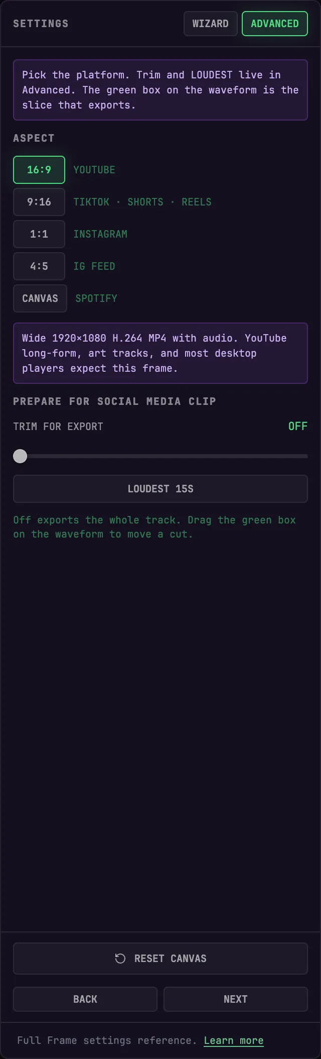 The FRAME step in Advanced — aspect choices and the export trim controls