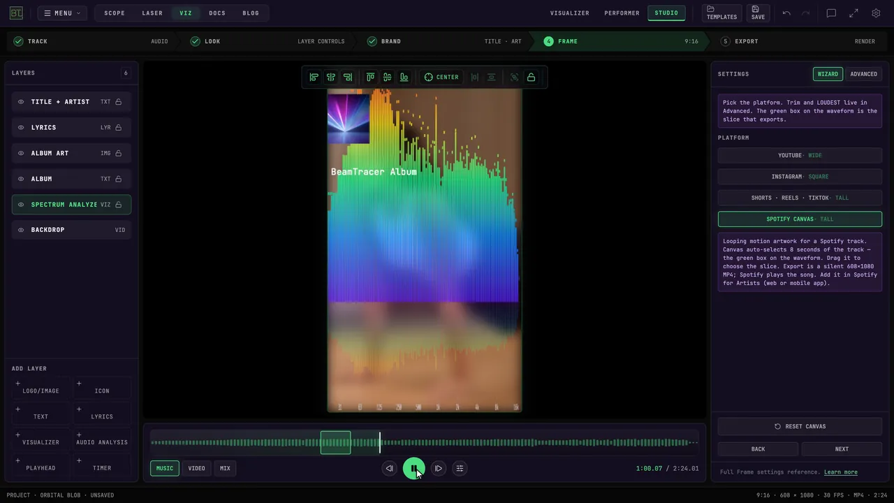 Spotify Canvas selects a vertical, eight-second loop.
