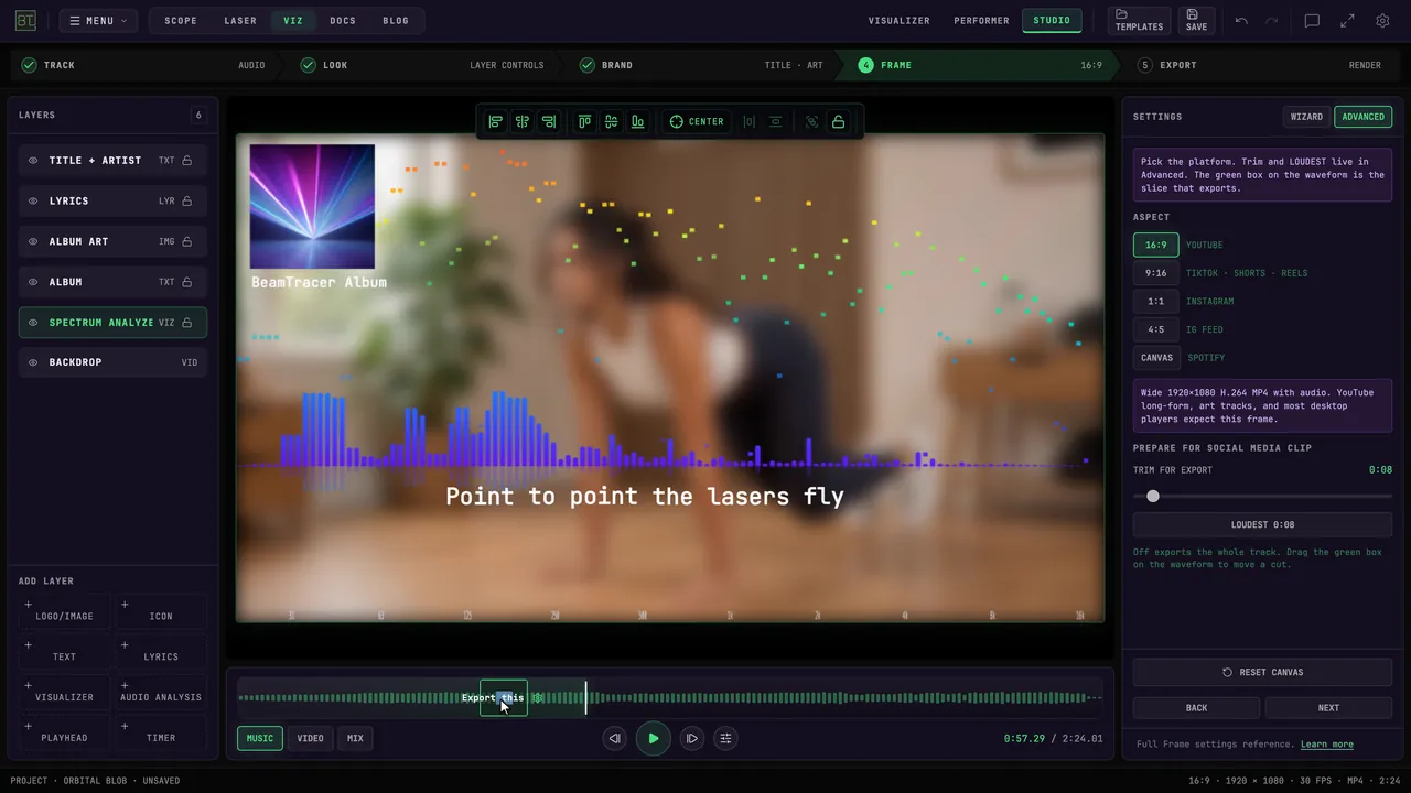 Set an export duration and move the green selection to the passage you want.