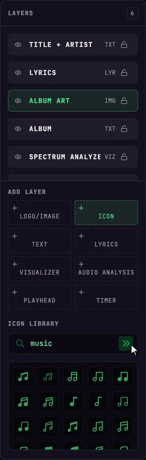 The icon library with its search field