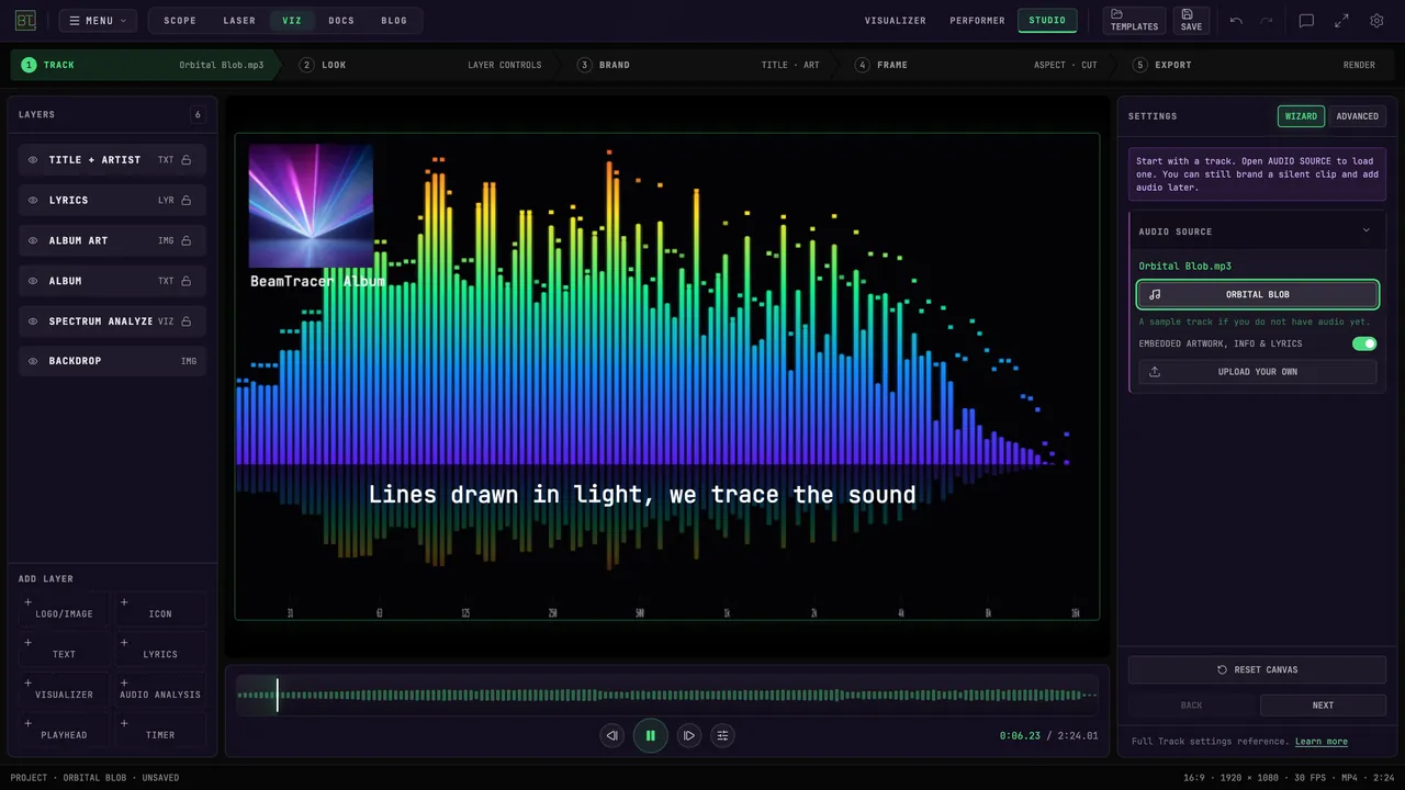 BeamTracer Studio playing a track — spectrum visualizer, album art, title and artist on the canvas