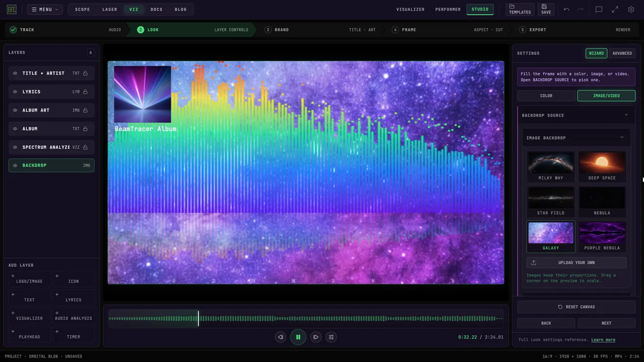 Choose the backdrop and reveal it behind the visualizer.