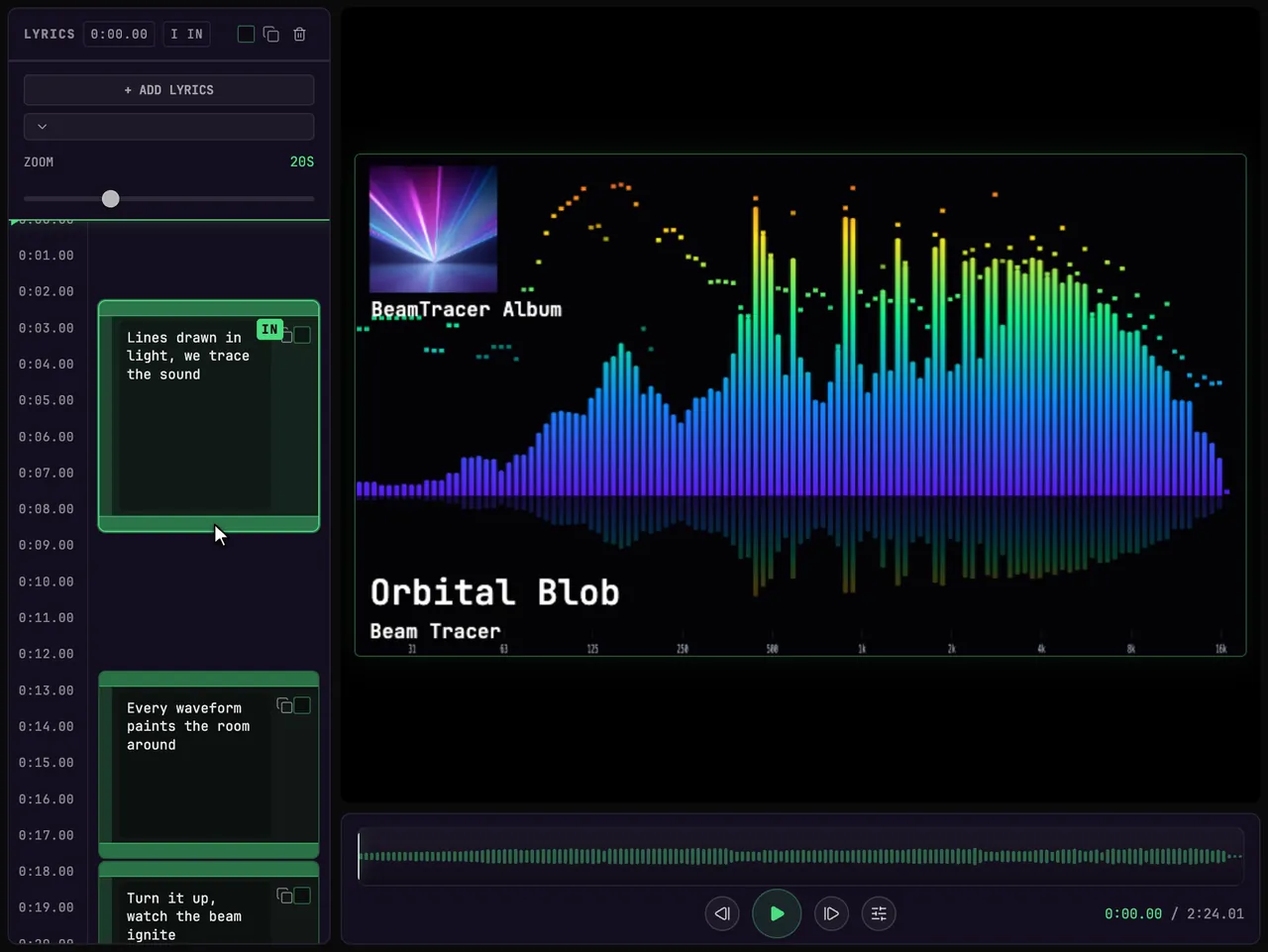 The Studio lyrics timeline scrolling with the playhead while lines appear on the canvas