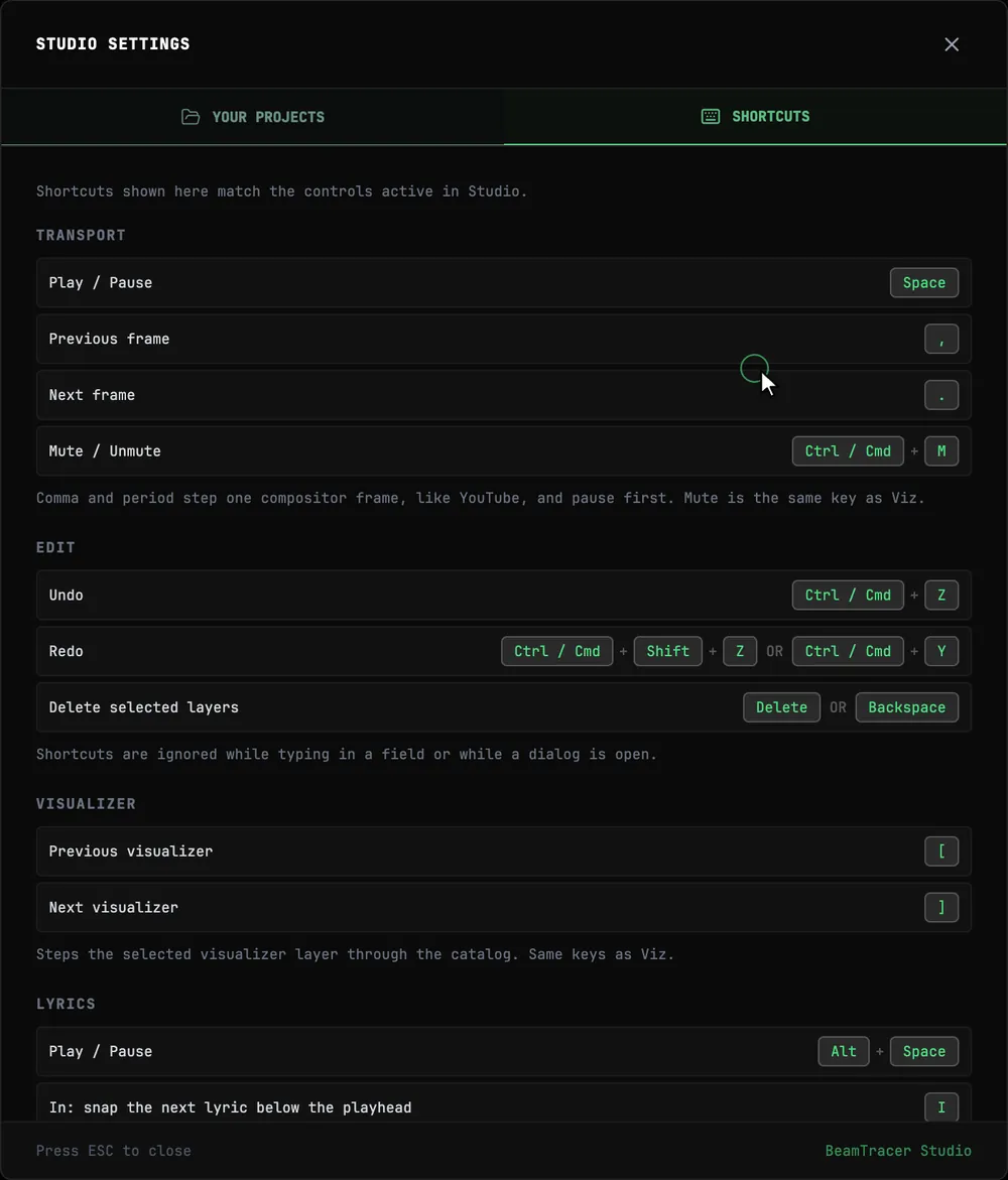 All Studio shortcuts are collected in Settings.