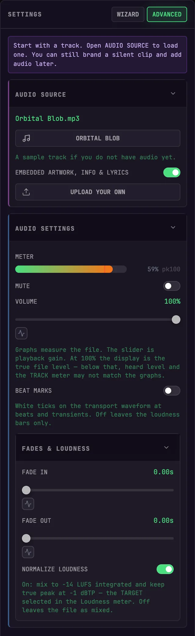 Audio settings — meter, mute, volume, beat marks, fades and loudness
