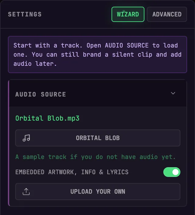 The AUDIO SOURCE panel — sample track, embedded artwork toggle, and upload