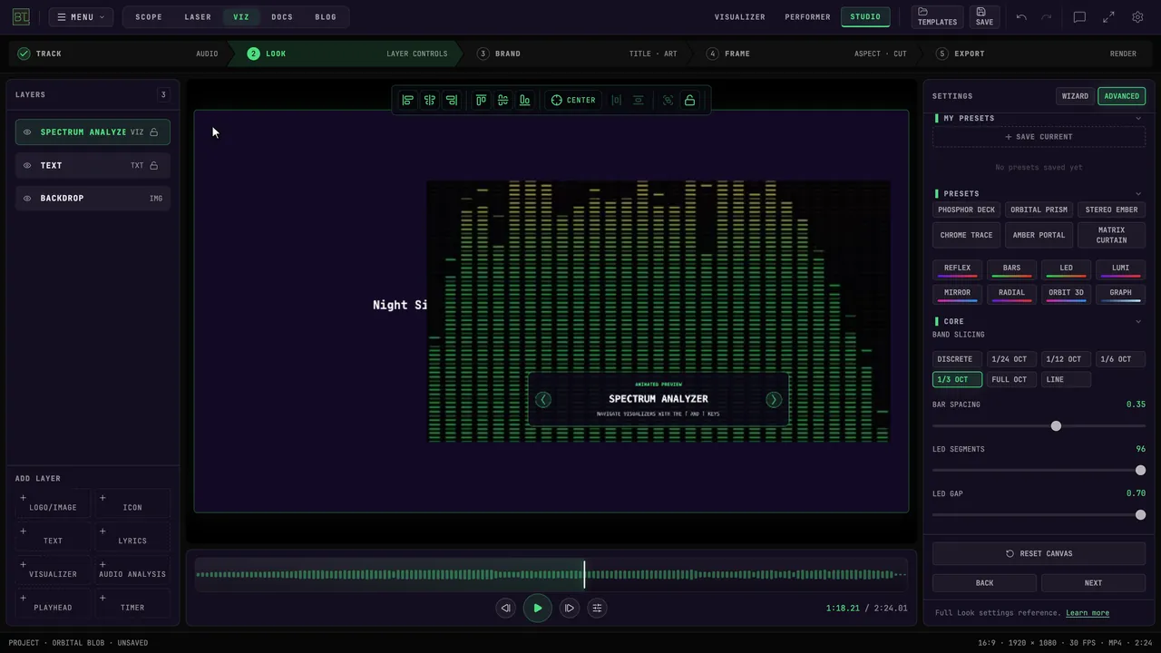 Resize the visualizer and move it across the canvas.