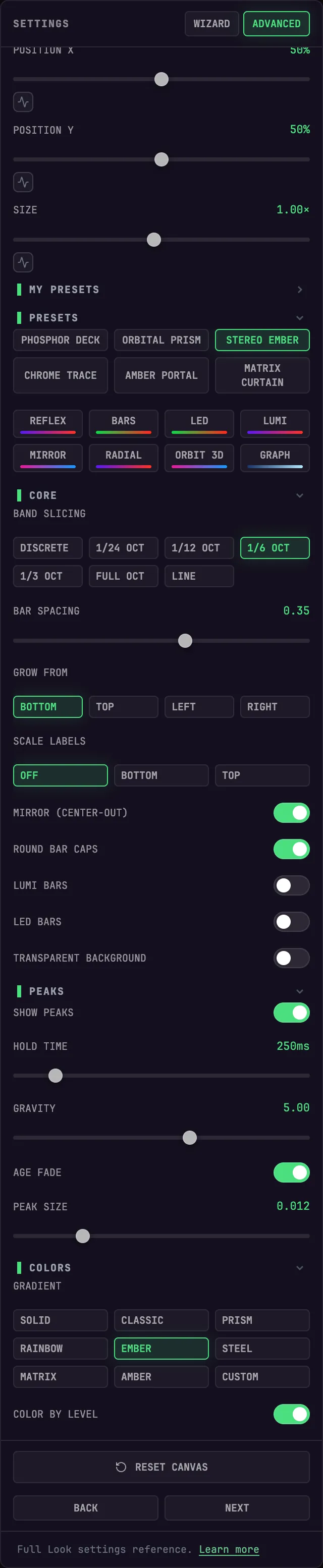 Visualizer settings in the rail — presets, band slicing, colors, peaks, and audio response