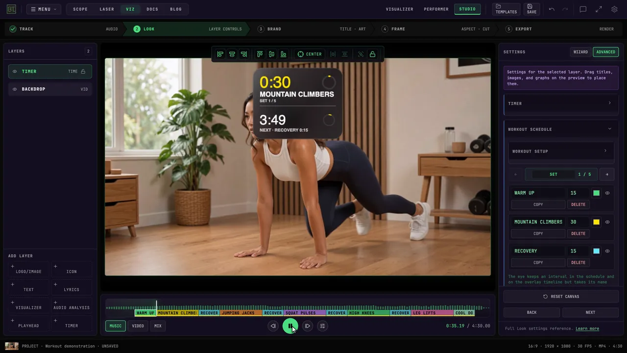 A workout timer over the sample video, with the schedule below.