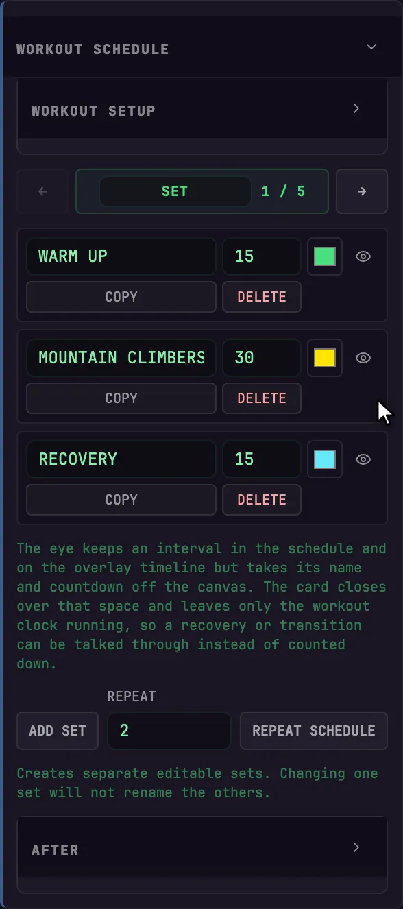 The set editor with Warm Up, Mountain Climbers, Recovery, set navigation, and repeat controls