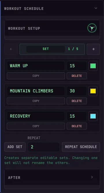 The set editor with Warm Up, Mountain Climbers, Recovery, set navigation, and repeat controls