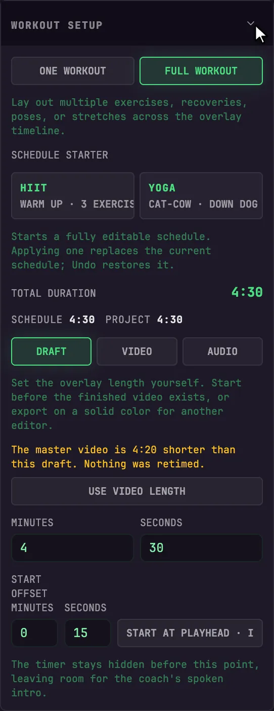 Workout Setup with one-workout and full-workout modes, schedule starters, duration sources, and start offset