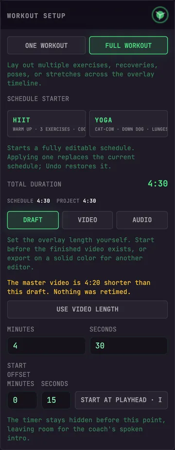 Workout Setup with one-workout and full-workout modes, schedule starters, duration sources, and start offset